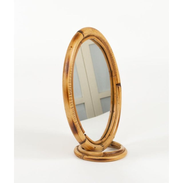 Mid-Century Modern Mid-Century Oval Table Vanity Mirror in Bamboo and Rattan, Italy, 1970s For Sale - Image 3 of 13