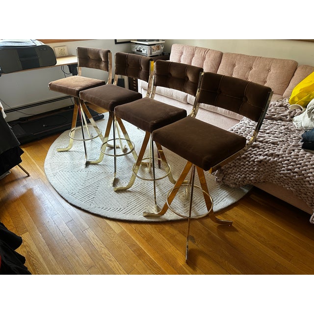 Brown Four 1970s Brown Velvet Barstools For Sale - Image 8 of 9