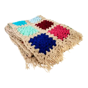 Retro Hand Made Traditional Taupe & Colorful Granny Square Afghan Blanket