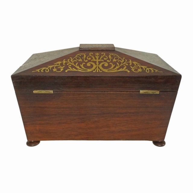 Early 19th Century English Regency Boulle Marquetry Brass Inlay Rosewood Georgian Two Compartment Tea Box With Key For Sale In Philadelphia - Image 6 of 11