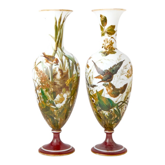 Exquisite Pair of 19th Century French Hand-Painted Opaline Glass Decorative Vase For Sale