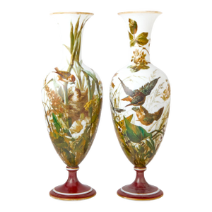 Exquisite Pair of 19th Century French Hand-Painted Opaline Glass Decorative Vase