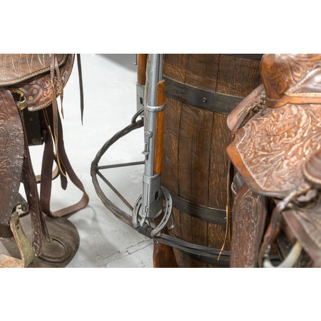 Contemporary Custom Made Whiskey Barrel Pub Table With 4 Horse Saddle Stools For Sale In Detroit - Image 6 of 14