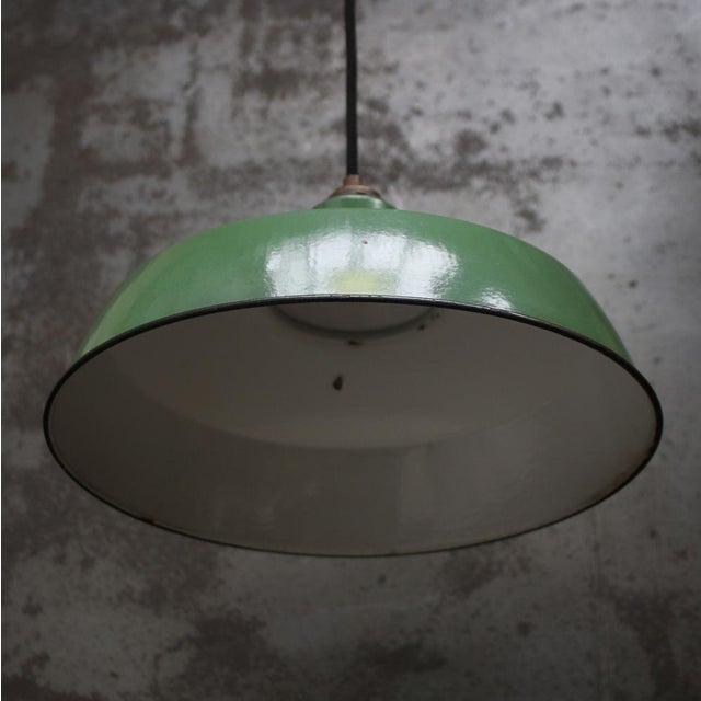 Vintage French Industrial Pendant Lamp in Green Enamel with Brass Top For Sale - Image 4 of 5