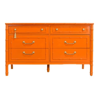 1970s Hollywood Regency Faux Bamboo Dresser by Thomasville in Orange - Newly Painted For Sale