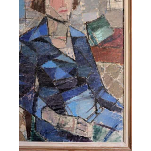 Blue Mid-Century Modern 'Woman in a Blue Coat' Vintage Swedish Cubist Figurative Oil Painting, Framed For Sale - Image 8 of 11