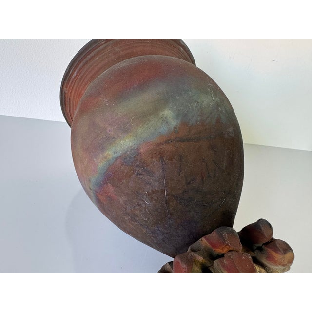 Brown 1980s Vintage Raku Studio Pottery Vase With Sculptural Footed Base – Unsigned For Sale - Image 8 of 10