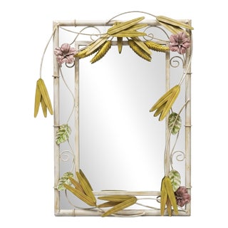 Mid-Century Modern Italian Faux Bamboo and Floral Metal Wall Mirror, 1970s For Sale