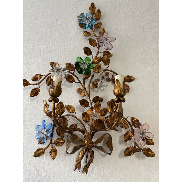 Maison Baguès Style Multicolor Prisms Crystal Flowers Tole Bow Sconces, C 1930 For Sale - Image 11 of 12