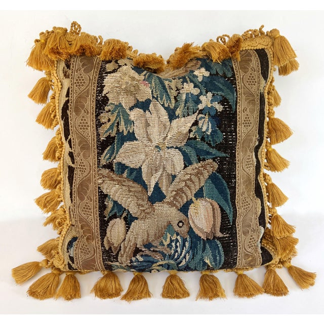 French Country Antique 18th Century French Aubusson Tapestry 18" Square Pillows W/Lovely 2"Tassels, Birds and Florals For Sale - Image 3 of 14