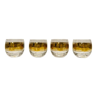 Vito Bari Gold Crown Fleur De Lis Roly Poly Glasses Set of 4 For Sale