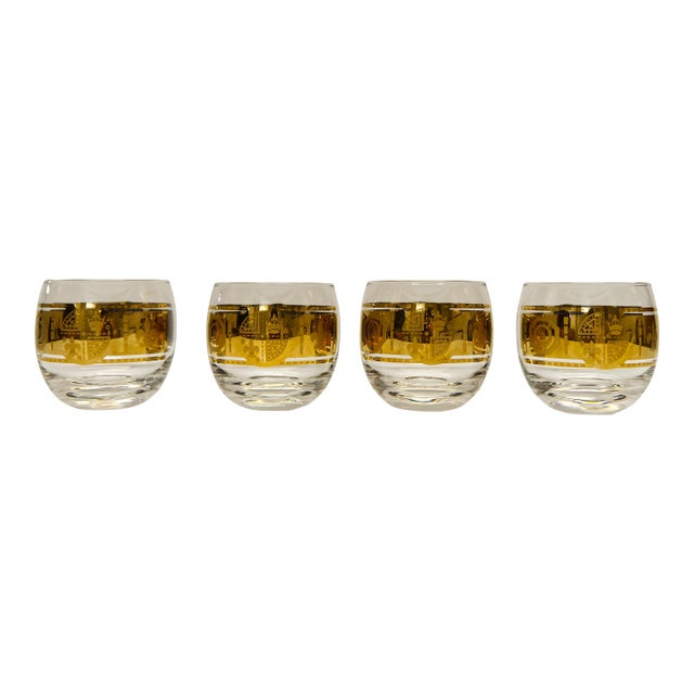 Vito Bari Gold Crown Fleur De Lis Roly Poly Glasses Set of 4 For Sale