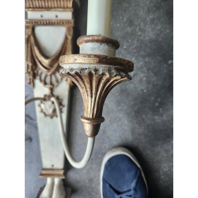 White Italian Egyptian Revival Carved Wood Pharoah 2 Arm Sconces - A Pair For Sale - Image 8 of 10
