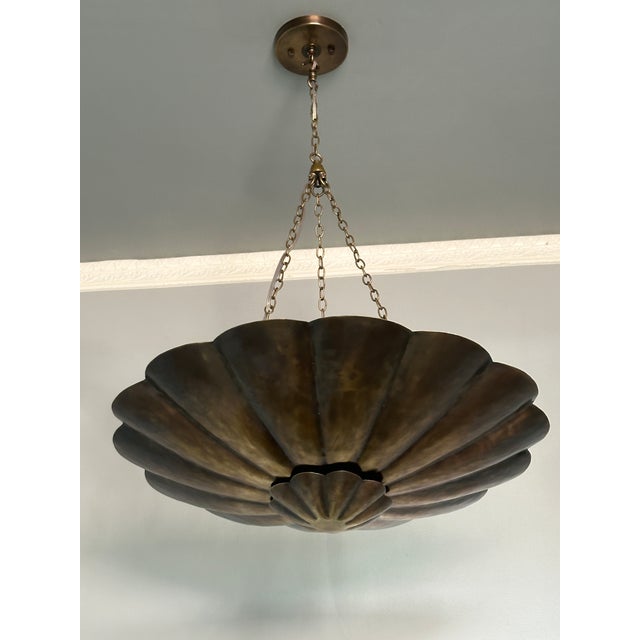 Brass Dual Shade Chandelier Pendant Light – Scalloped Bowl Hanging Fixture – Vintage Inspired Chain Light For Sale - Image 11 of 11