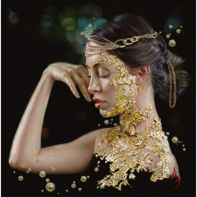 Resplendent by Alexandra Manukyan | Oil on Belgian Linen Portrait of a woman with gold accents. For Sale