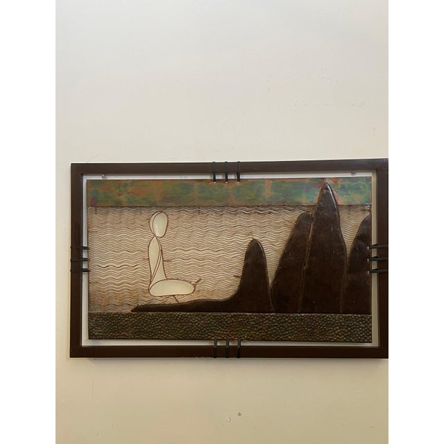 Patinated, spun, and plated copper panel by Ravi Sing for Lightworks 1990, ready for backlighting. Wooden frame with...