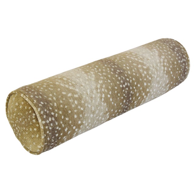 Mid-Century Modern Custom-Tailored Antelope Fawn Deer Spot Velvety-Chenille Bolster Pillow 25" X 8" For Sale - Image 3 of 8