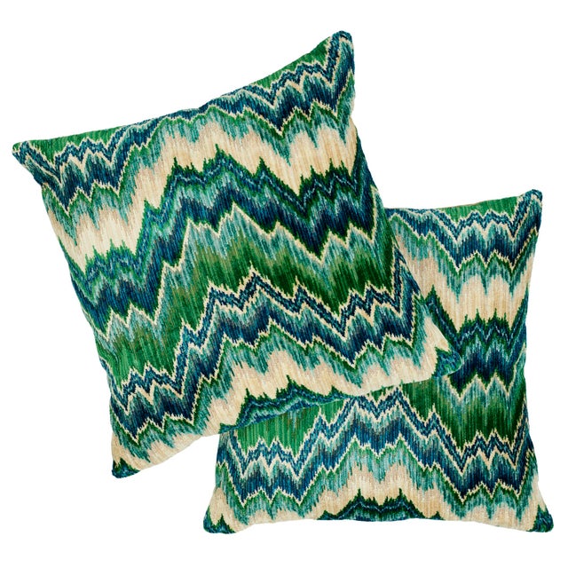 Contemporary Schumacher Bezique Flamestitch Velvet Pillow in Blue & Green For Sale - Image 3 of 7