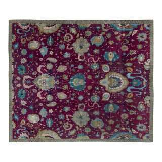 Early 20th Century Purple Background Floral Indian Handmade Wool Rug For Sale