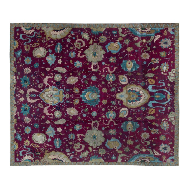 Early 20th Century Purple Background Floral Indian Handmade Wool Rug For Sale
