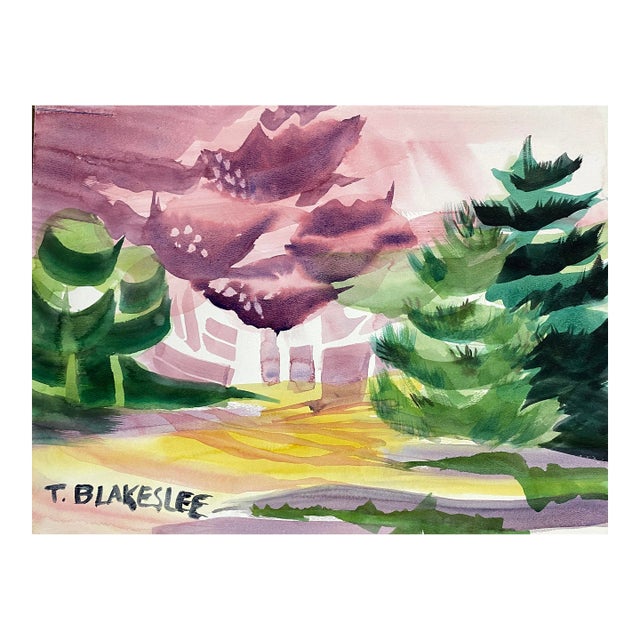 1960s Tina Blakeslee Purple Landscape With Evergreens For Sale