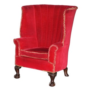 Large Georgian Chippendale Wingback Armchair in Red Velvet with Claw and Ball Feet For Sale