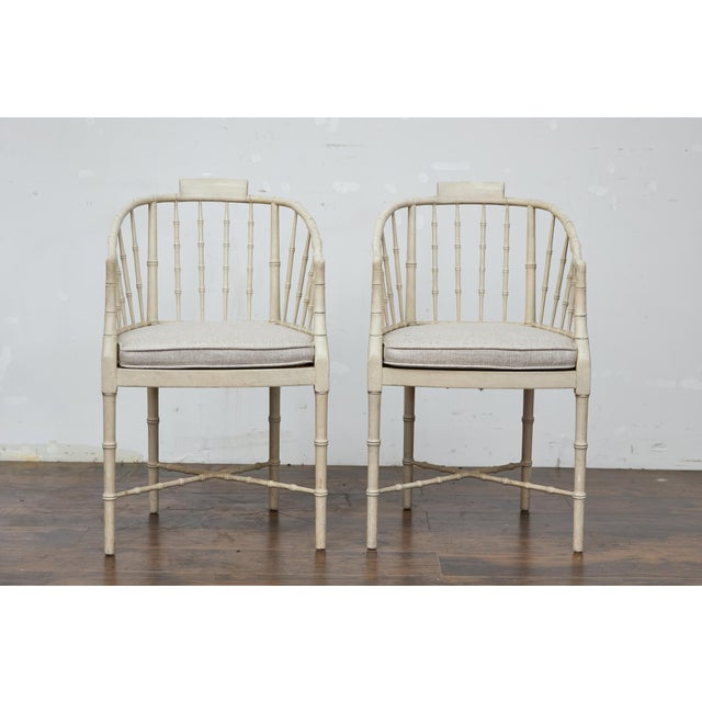 Late 20th Century Pair of Baker Furniture Faux Bamboo Upholstered Armchairs in Soft White Finish For Sale - Image 5 of 12