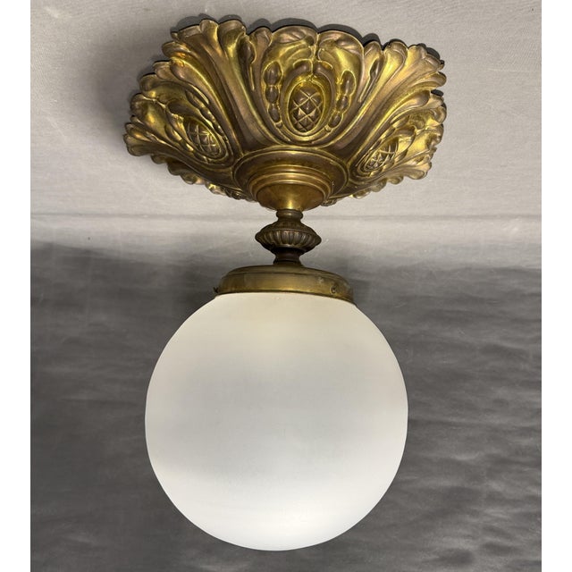 Art Nouveau Brass and Glass Globe Ceiling Lamp, Paris, France, 1910s For Sale - Image 4 of 9