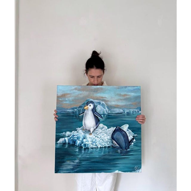 Sofía Cristina Jiménez, Inflatable Emperor Penguin Chicks on a Small Iceberg Landscape, Acrylic Painting, 2023 For Sale - Image 4 of 11