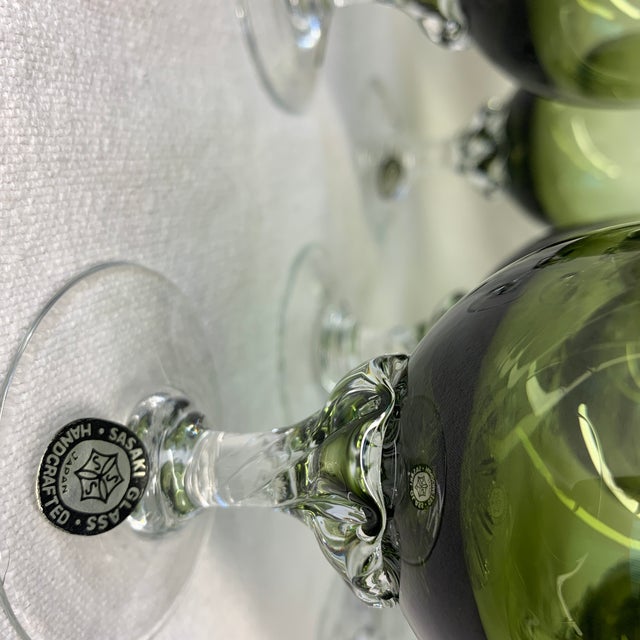 Glass Vintage Sasaki Hand Blown Glass Avocado Green Cocktail Glasses & Decanter, Stirrers - Set of 11 For Sale - Image 7 of 9
