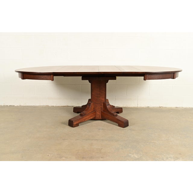 Wood Stickley Brothers Antique Mission Oak Arts & Crafts Pedestal Extension Dining Table, Newly Refinished For Sale - Image 7 of 15