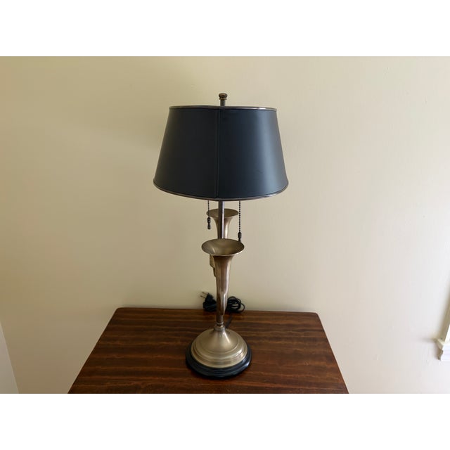 Gold Mid 20th Century English Country Brass Horn Bouillotte Lamp With Black Tole Shade For Sale - Image 8 of 13