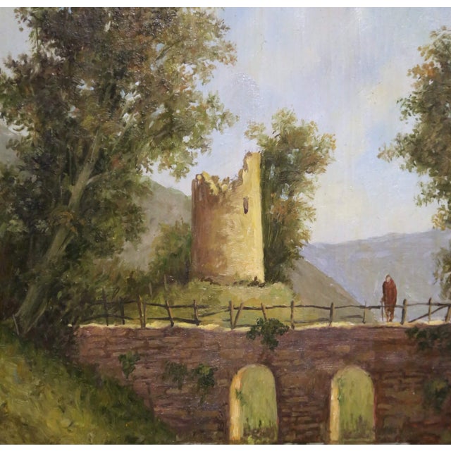 French 19th Century French Oval Landscape Oil Painting With Bridge and Ruins For Sale - Image 3 of 9
