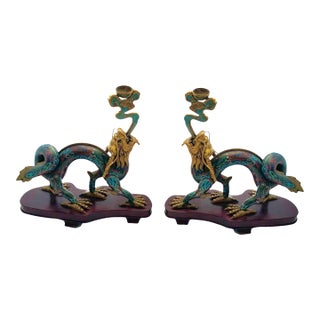 Late 20th Century Chinese Dragon Statue Pair Cloisonné Enamel on Wood Base Old Oriental Decor For Sale