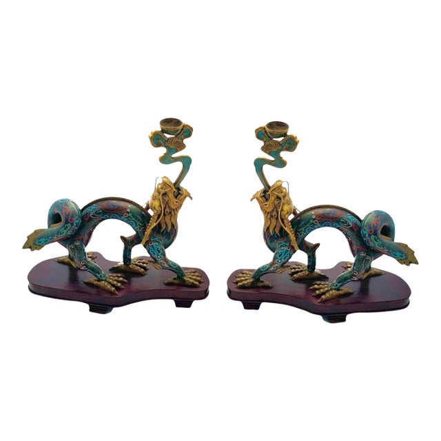 Late 20th Century Chinese Dragon Statue Pair Cloisonné Enamel on Wood Base Old Oriental Decor For Sale