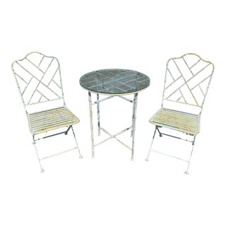 Mid-Century Coastal Outdoor Metal Bamboo Rattan Style Distressed Bistro Set Chippendale Chairs For Sale