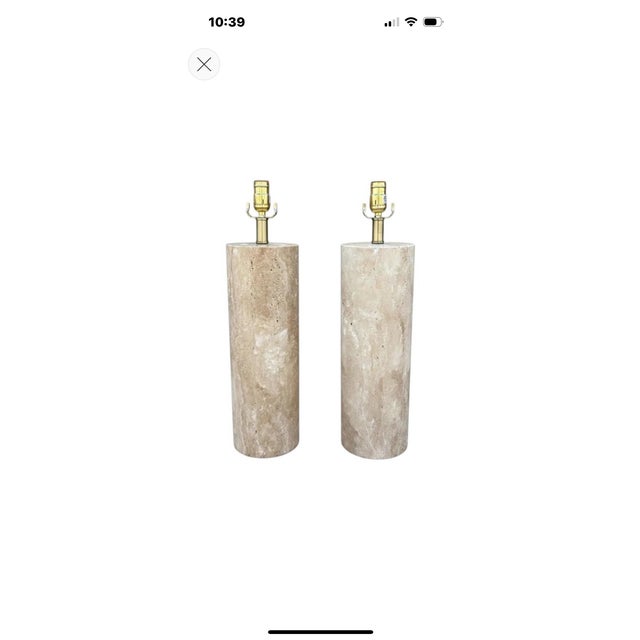 1970s Italian Modern Travertine Cylinder Lamps - a Pair For Sale - Image 9 of 9