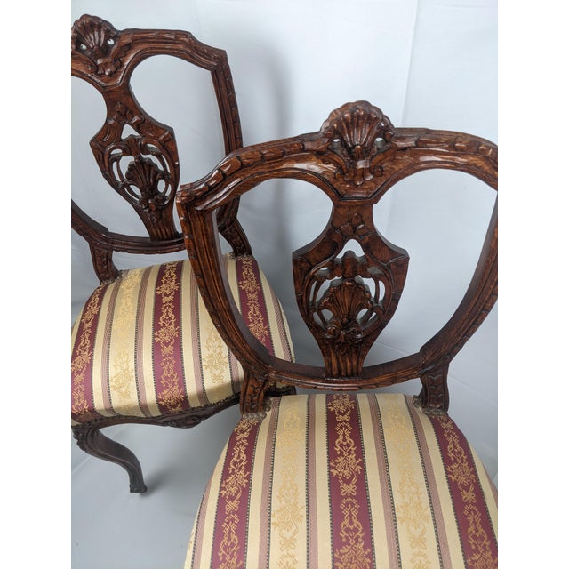 Brown Late 20th Century Pair of French Louis XV Style Carved Walnut Side Chairs With Burgundy & Gold Damask Upholstery For Sale - Image 8 of 17