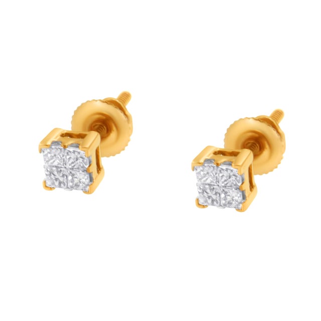 14K Yellow Gold 1/4 Cttw Invisible Set Princess-Cut Diamond Square Stud Earring (J-K Color, I1-I2 Clarity) For Sale - Image 4 of 6