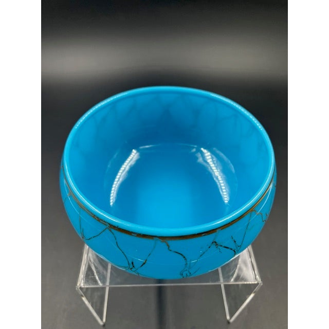 Art Deco Mid 19th Century Beautiful Antique Blue Vitrified Opaline Bowl With Gilt Net Design For Sale - Image 3 of 12