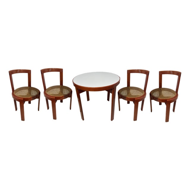 Italian Red Lacquered Wooden Breakfast Table and Chairs by Gianfranco Frattini, 1975, Set of 5 For Sale