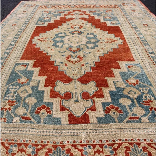 Blue Medallion Vintage Turkish Oushak Turkish in Mid-Century Modern Red, Cream and Light Blue For Sale - Image 8 of 13