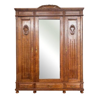 Antique Art Nouveau Wardrobe with Mirror in Oak, 1910 For Sale