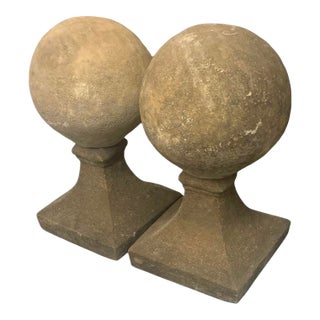 Pair of Vintage Neoclassical Cast Stone Sphere Garden Finials on Pedestal Bases For Sale