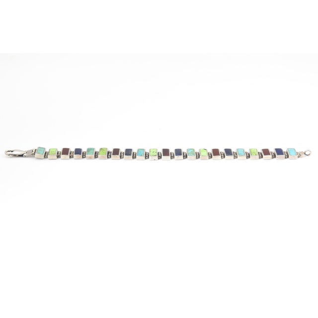 Rustic Multicolored Gemstone and Sterling Silver Link Bracelet For Sale - Image 3 of 14