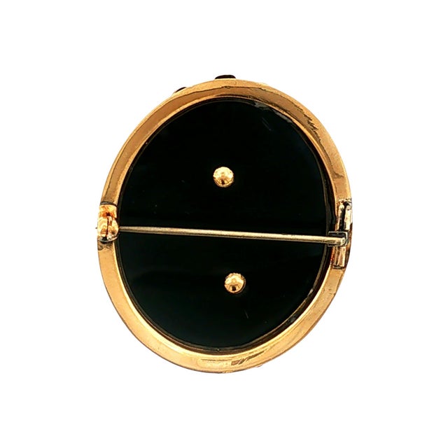 19th Century Victorian 10k Yellow Gold Black Onyx, Garnet and Seed Pearl Floral Brooch For Sale - Image 4 of 5