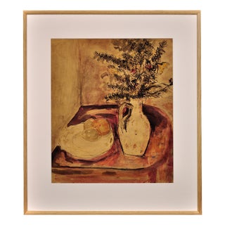 James Tower, Still Life of Flowers in a Jug and a Plate of Fruit, 1940s, Watercolour For Sale