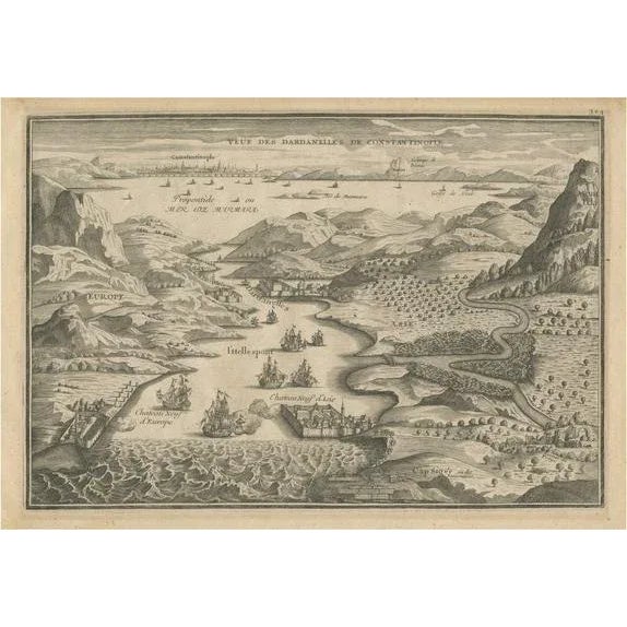 Paper Nicholas de Fer, Dardanelles Strait with a Perspective of the City of Constantinople, 1693, Print For Sale - Image 7 of 7