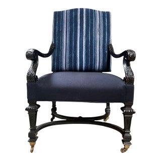 19th Century Italian Chair With Antique Indigo Cloth on Wheels For Sale