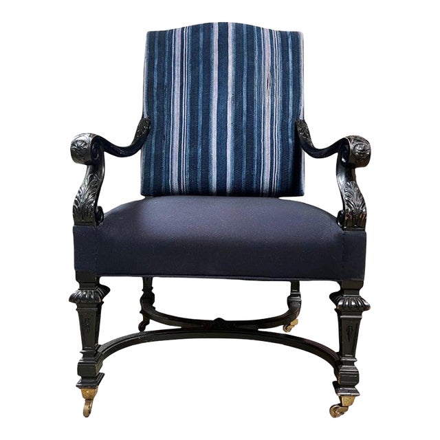 19th Century Italian Chair With Antique Indigo Cloth on Wheels For Sale